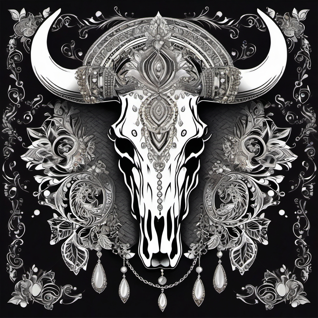 Ornate cow skull and gemstones design: Decorative elegance, spiritual elements.  black and white tattoo style