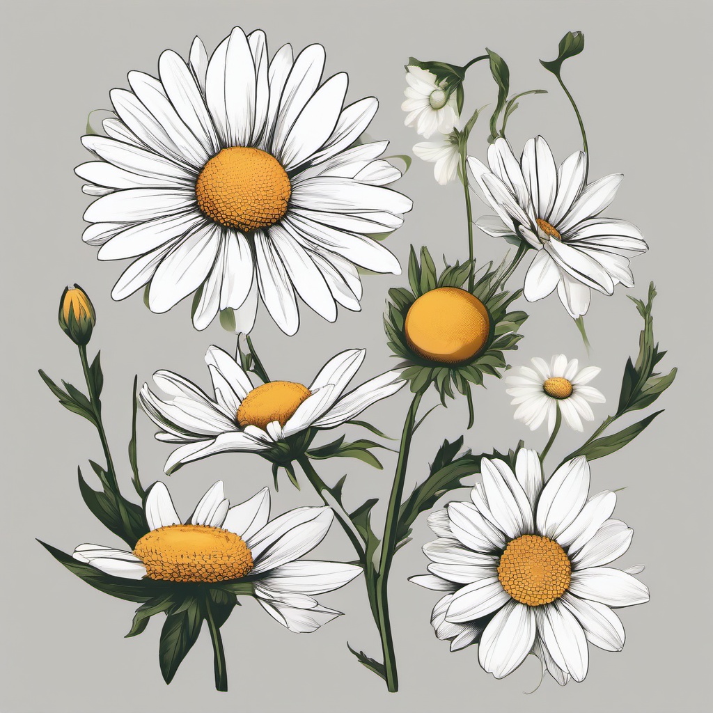 Daisy April Birth Flower Tattoo-Exploration of the symbolism of daisies as the birth flower for April with a stylish and meaningful tattoo.  simple color tattoo,minimal vector art,white background