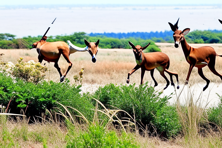 gazelles attempting synchronized 'backflip landings' after leaping over small bushes. 