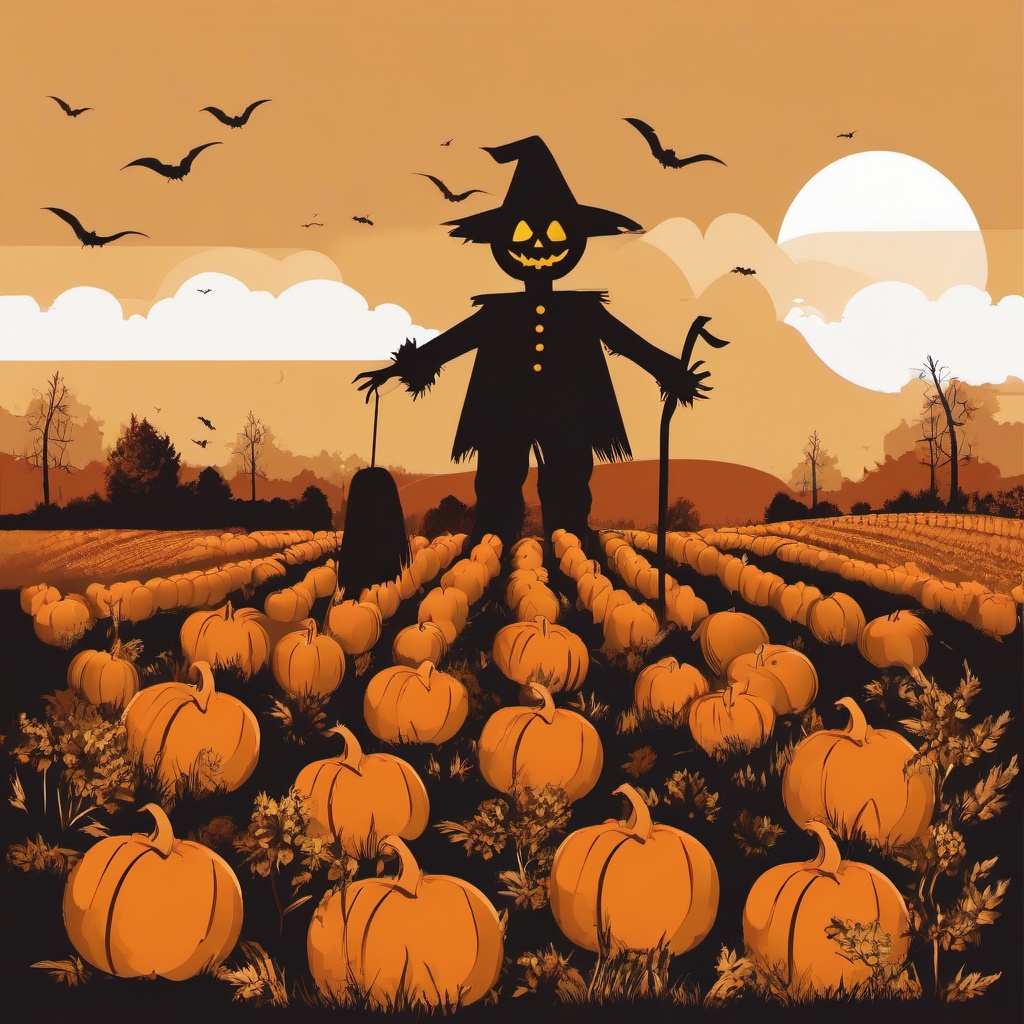 October clipart - scarecrow standing in a pumpkin patch  color,minimalist,vector clipart