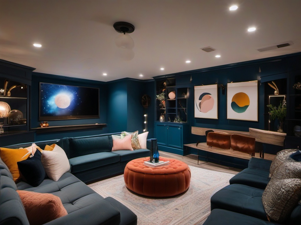 The basement highlights cosmic chic interior design with cozy seating, whimsical decor, and a starry ceiling, creating a fun and relaxing space for entertainment.  