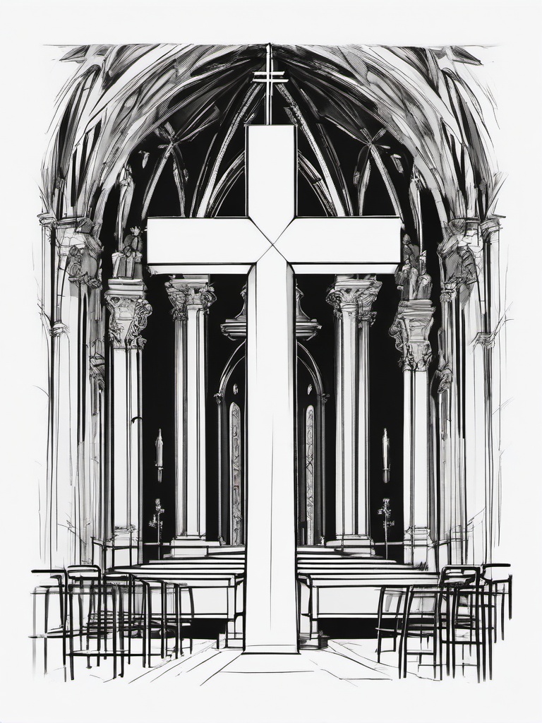 drawing of a cross in a church  minimal rough sketch scribbles,doodles,black and white