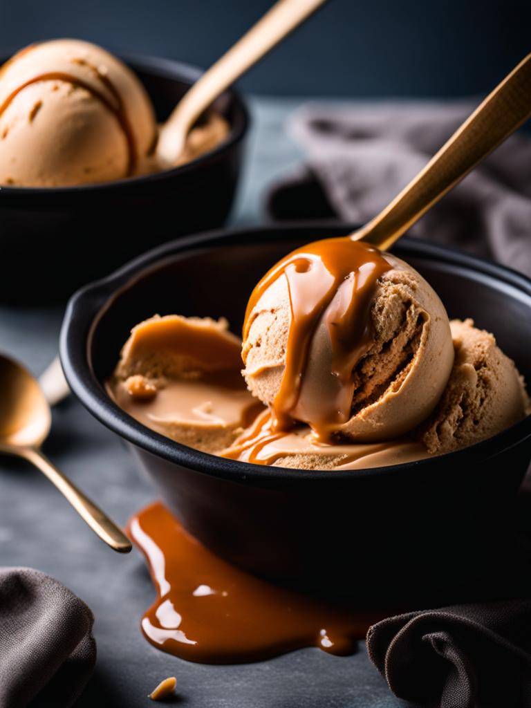 a scoop of velvety dulce de leche ice cream, rich with caramel flavor. 