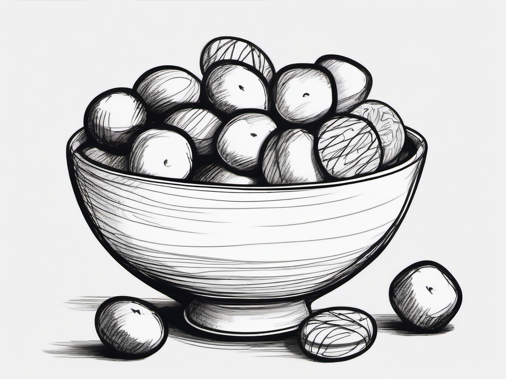 drawing of various candies in a bowl  minimal rough sketch scribbles,doodles,black and white