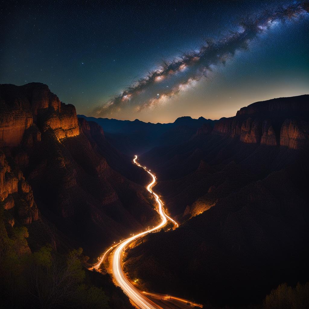 copper canyon - craft a serene night scene of copper canyon, a rugged landscape of canyons and railways, where the milky way arches over the vast terrain. 