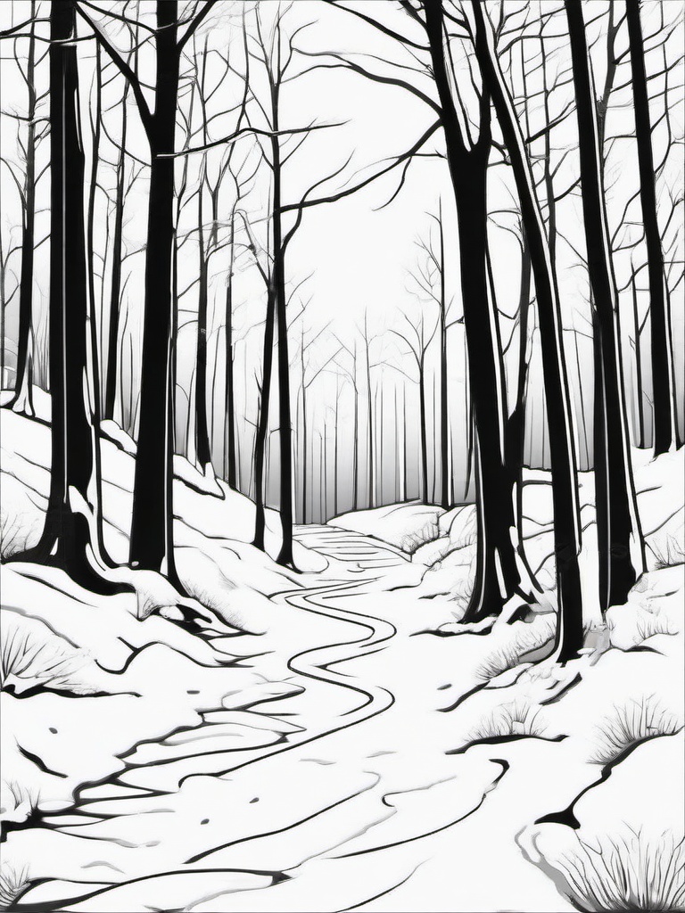 Snow-Covered Path Coloring Pages - Winter Path Leading Through the Woods  minimal black outline printable sheet, coloring page