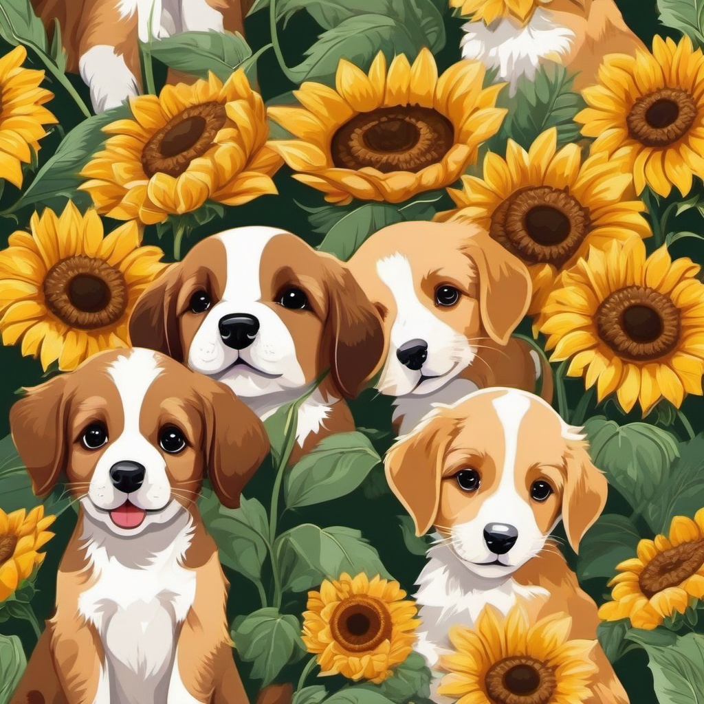 Cute Phone Backgrounds - Adorable Puppies in a Sunflower Field  wallpaper style, intricate details, patterns, splash art, light colors