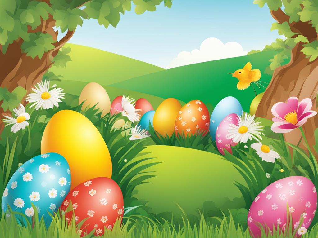 easter clip art: hiding colorful eggs in a blooming garden. 