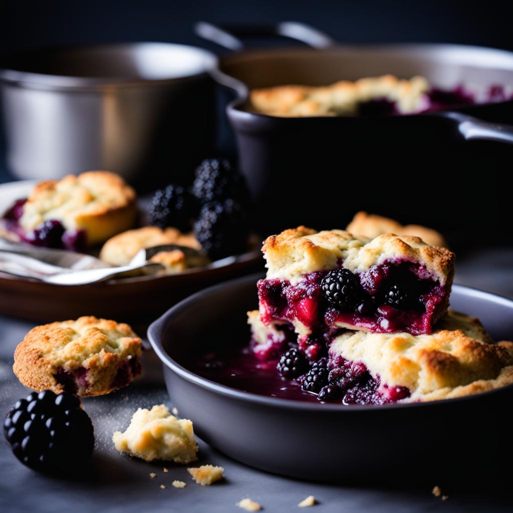 blackberry cobbler filled with juicy blackberries and a biscuit topping. 