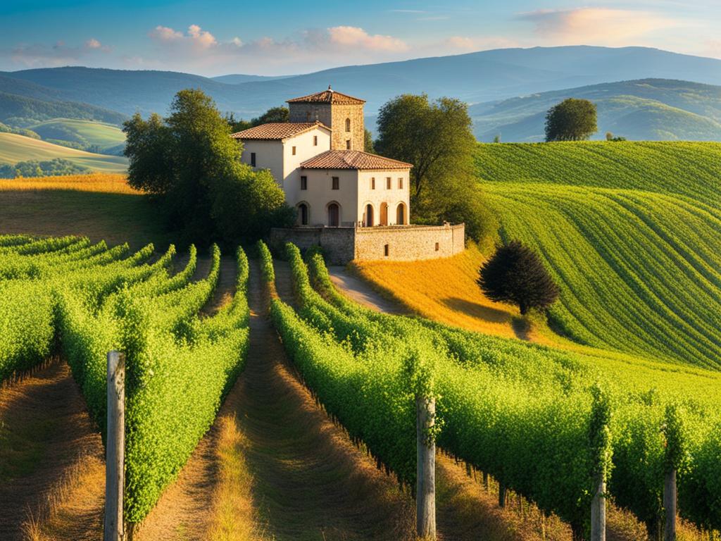 enchanted irpinia countryside - create an artwork that captures the enchanting beauty of irpinia's countryside, with vineyards and rolling hills. 