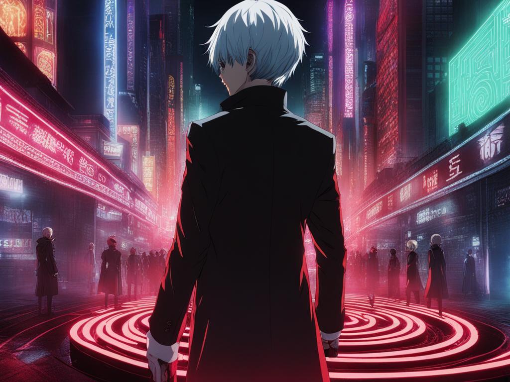 kaneki - faces off against formidable ghouls in a labyrinthine, neon-lit urban maze. 