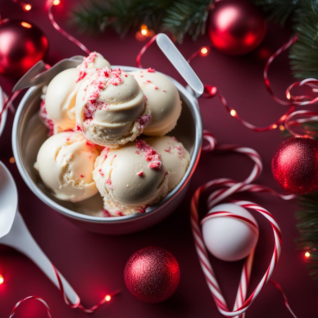 peppermint stick ice cream indulged at a festive holiday market, surrounded by twinkling lights. 