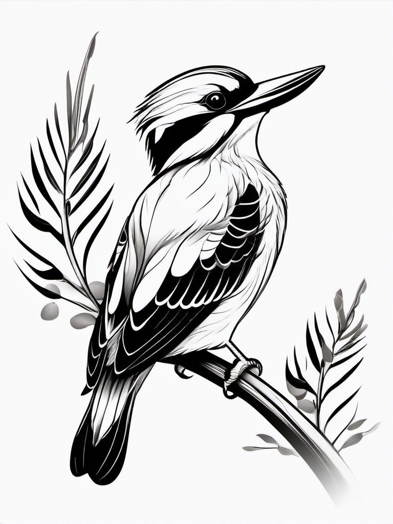 Kookaburra Tattoo - Kookaburra perched on a eucalyptus branch  few color tattoo design, simple line art, design clean white background