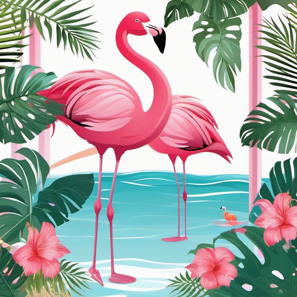 Flamingo clipart - flamingo in a pool party setting  