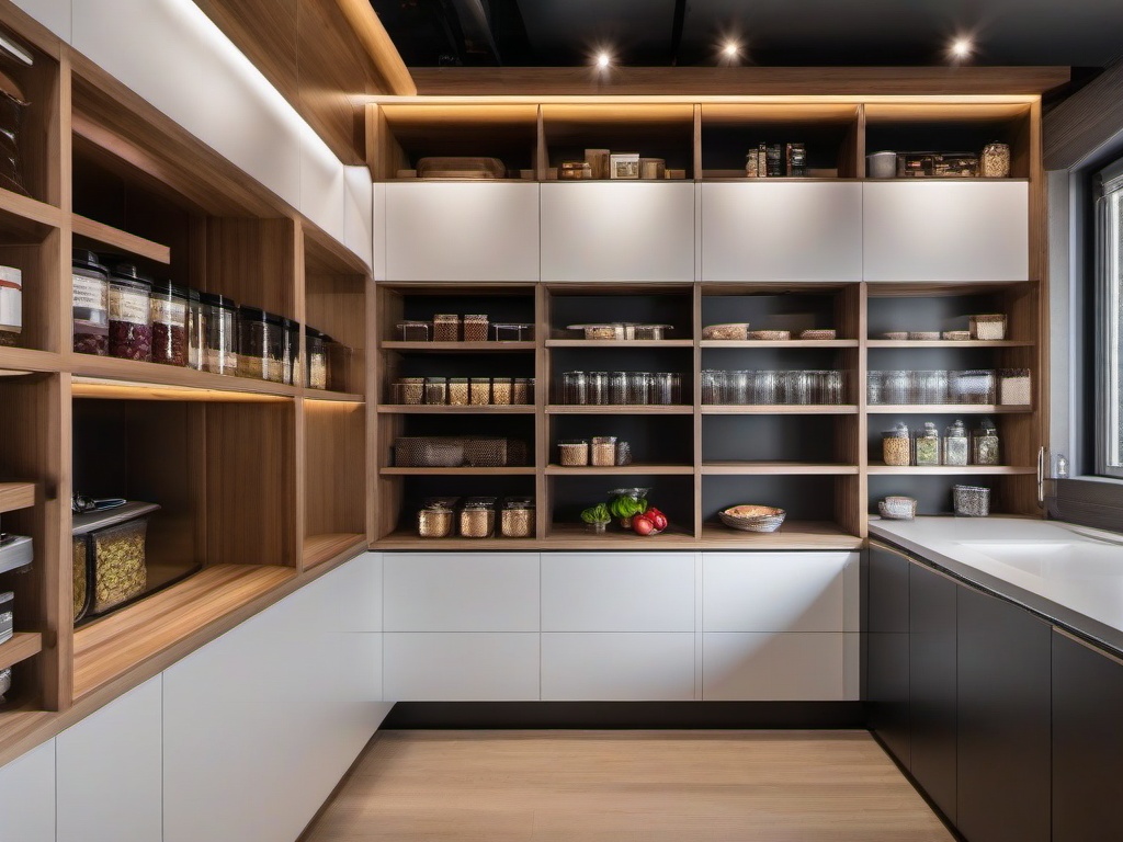 The pantry showcases High Tech interior design with smart storage solutions, organized shelving, and a clean aesthetic that make food storage both practical and visually appealing.  