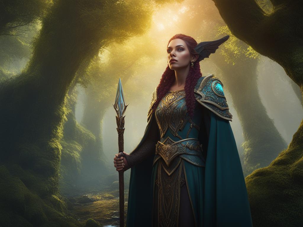 half-elf druid,elowen starseeker,restoring balance to a corrupted forest,plagued by dark magic detailed matte painting, deep color, fantastical, intricate detail, splash screen, complementary colors, fantasy concept art, 8k resolution trending on artstation unreal engine 5