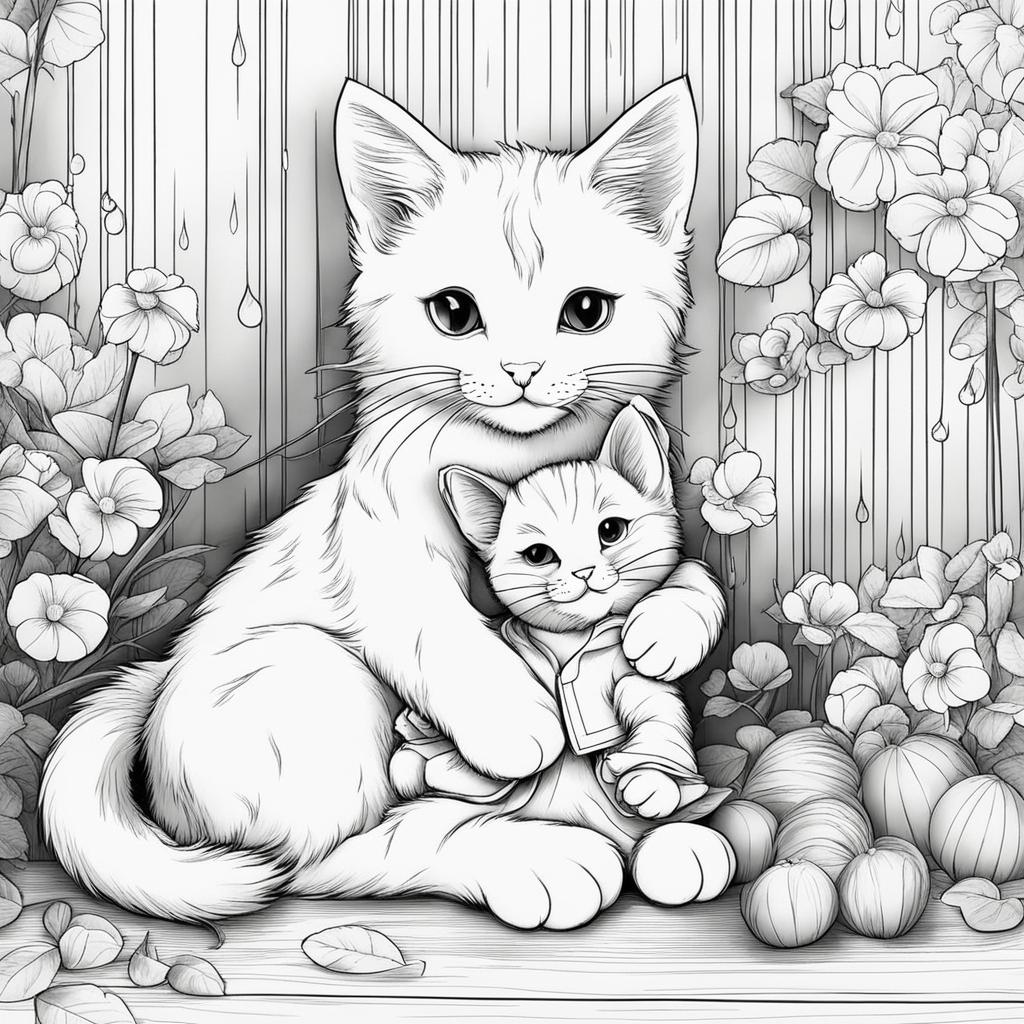 cat coloring pages - a cat cuddles with a teddy bear on a rainy day. 