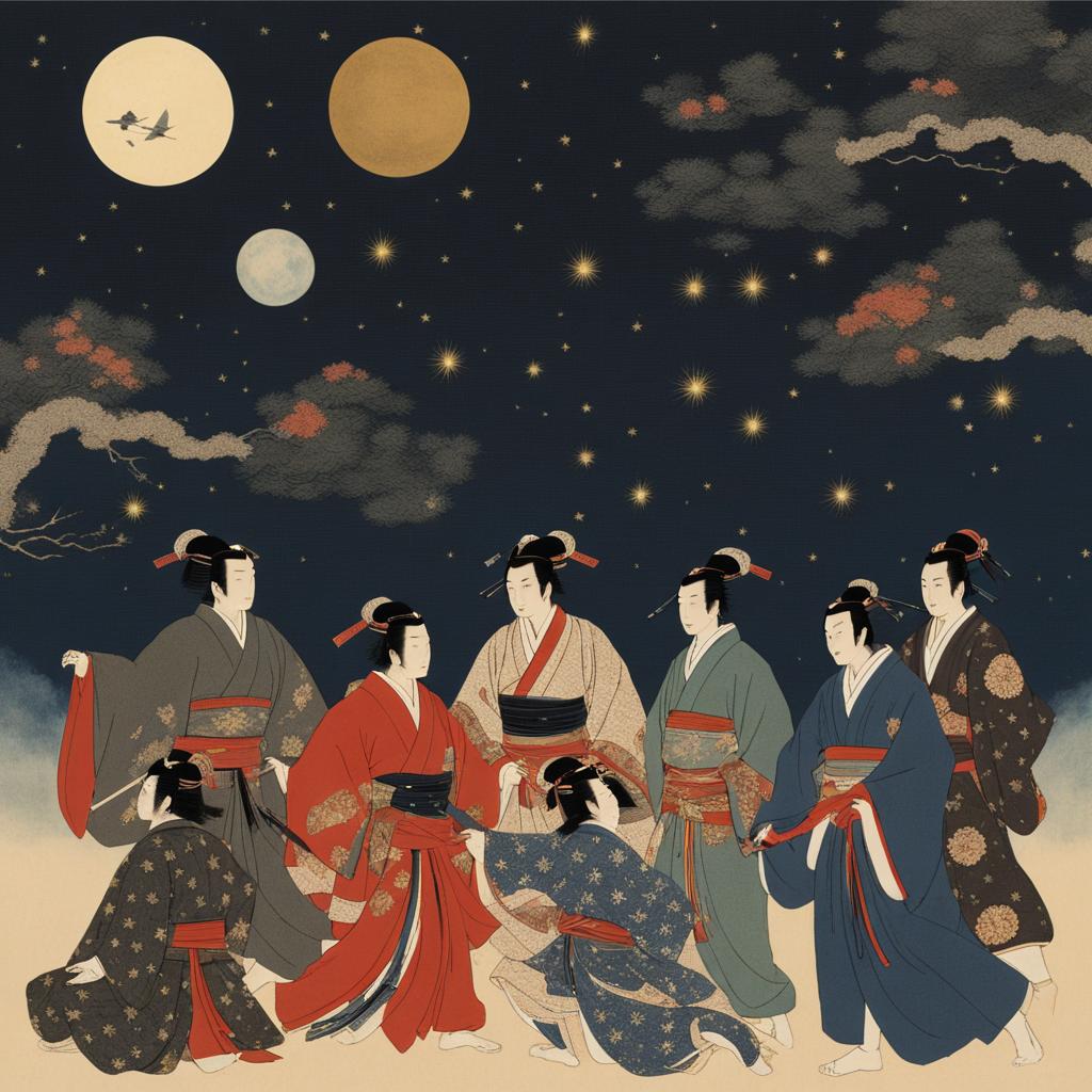 six samurai - shi en and friends in a celestial dance under a starry sky. 