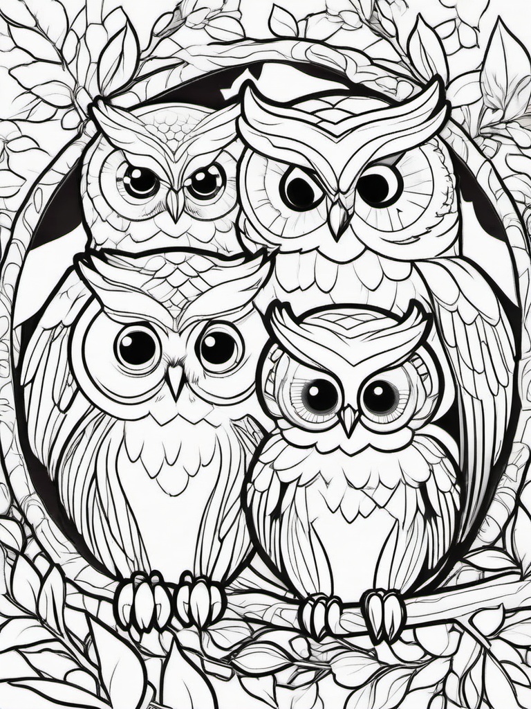 Owl Coloring Pages - Owl family cuddling in their cozy nest  simple coloring pages