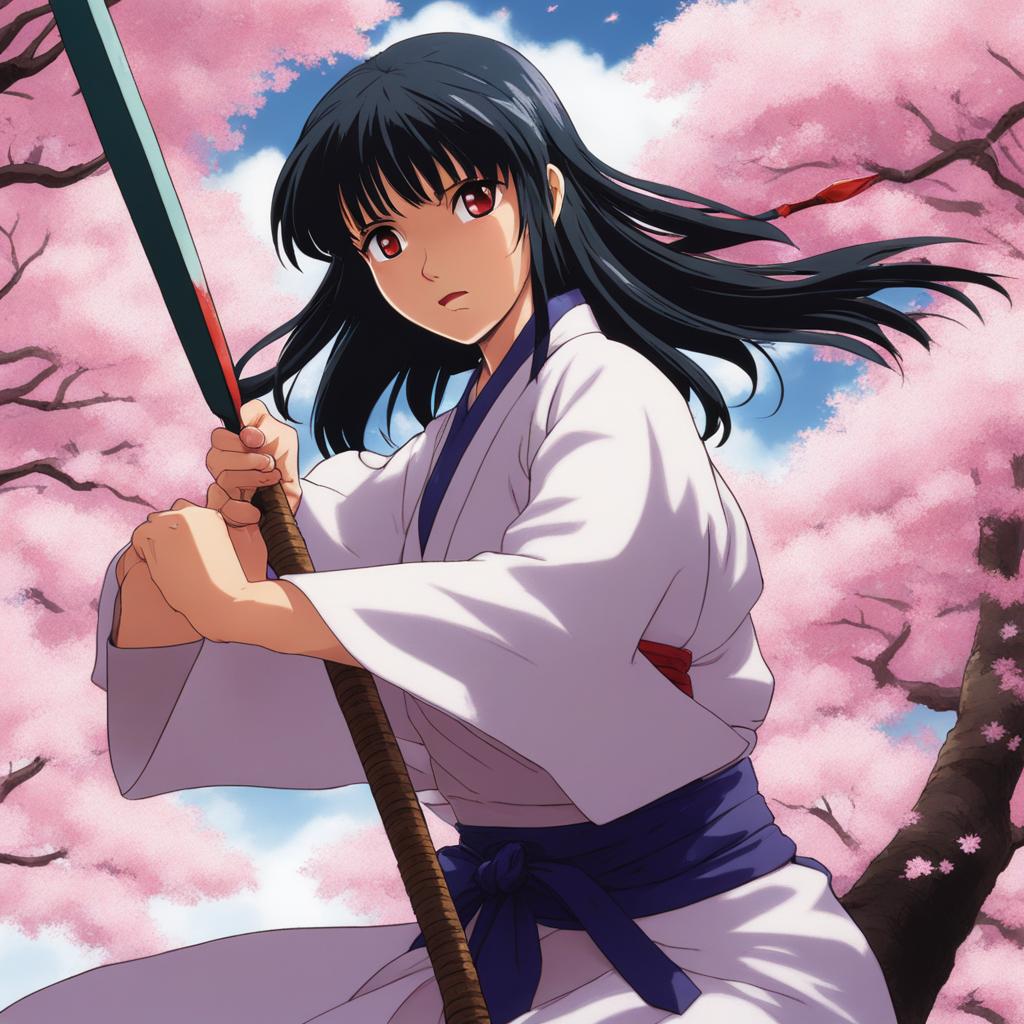 kagome higurashi fires a sacred arrow at menacing youkai amidst cherry blossoms. 