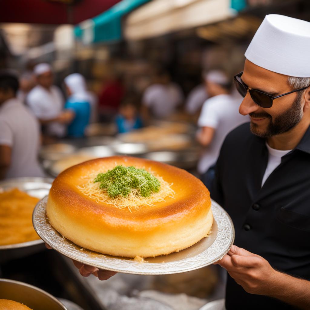 knafeh, a middle eastern sweet pastry, enjoyed at a bustling market in jerusalem. 