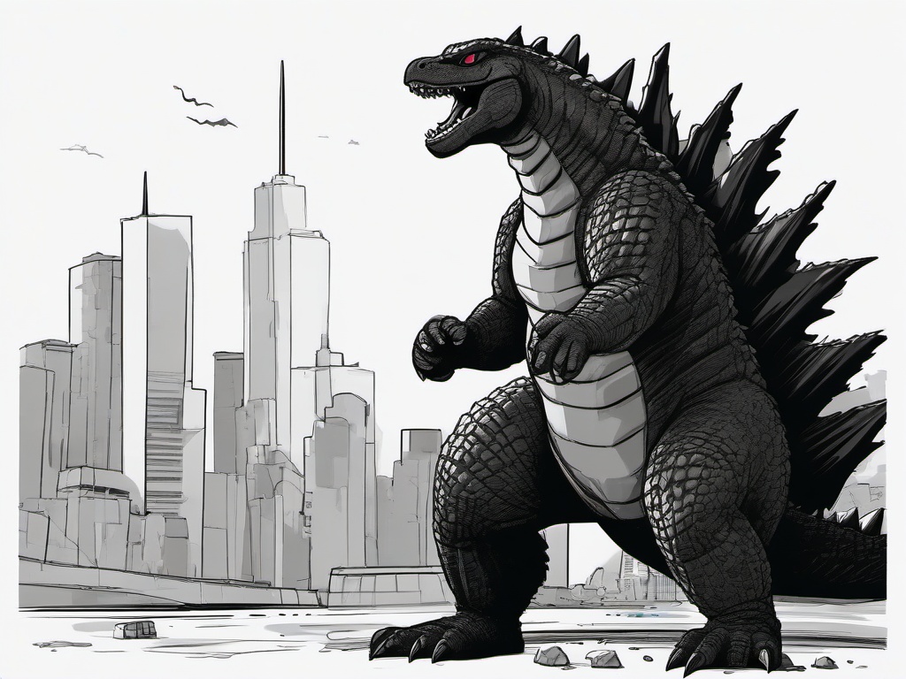 drawing of a cartoon Godzilla  minimal rough sketch scribbles,doodles,black and white