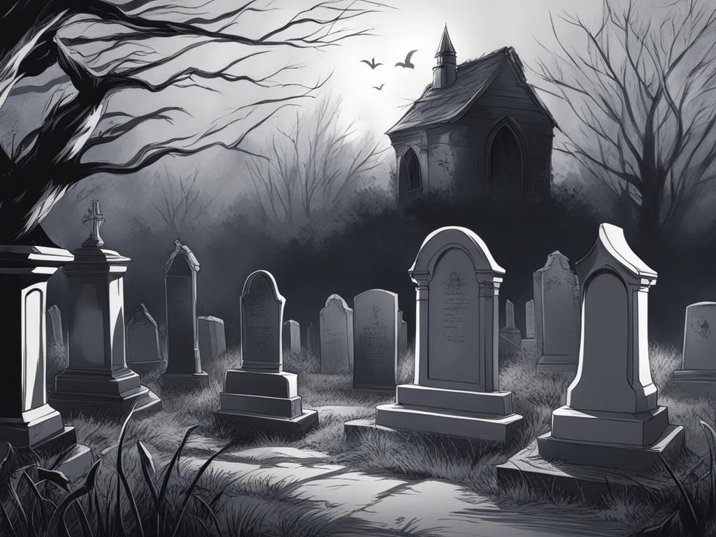 haunted graveyard - sketch an anime wallpaper featuring a haunted graveyard with tombstones and ghostly apparitions. 