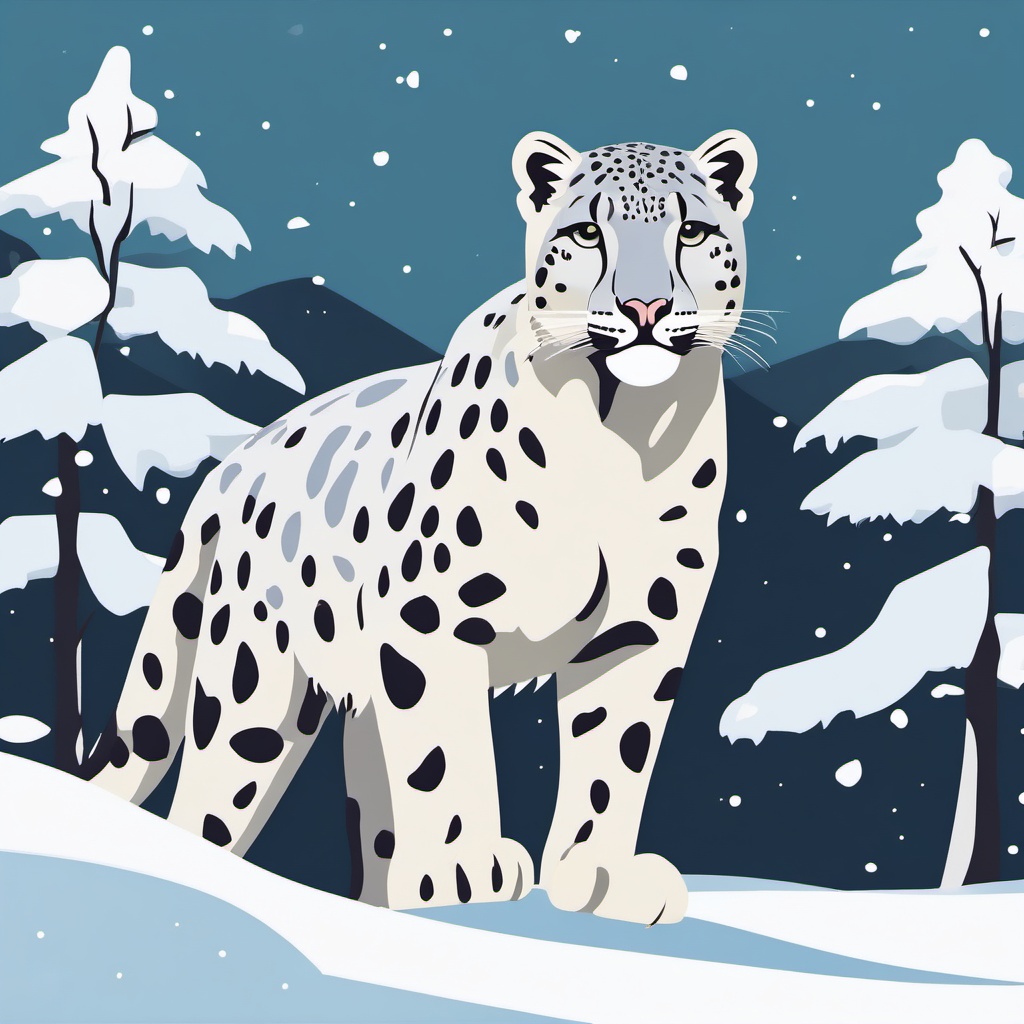 Snow Leopard Clip Art - A snow leopard in a snowy landscape,  color vector clipart, minimal style