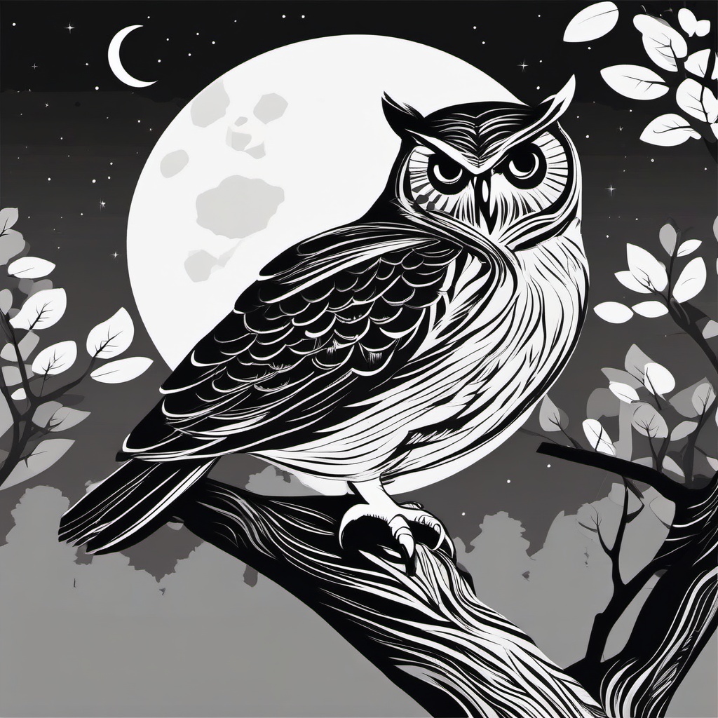 Owl Clipart - Owl perched on a tree branch under the moonlight , minimal, 2d