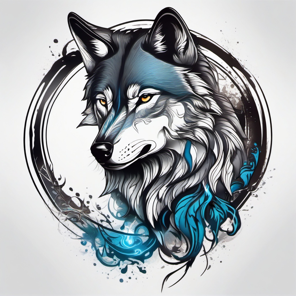 Wolf and Tattoo,harmonious fusion of human ink and the untamed essence of a wolf, alliance of souls. , color tattoo design, white clean background