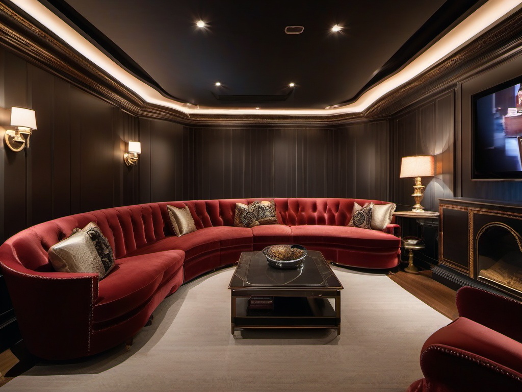 A media room designed with Russian Revival interior design features plush seating, elegant decor, and ornate accents that enhance the cinematic experience in a sophisticated environment.  