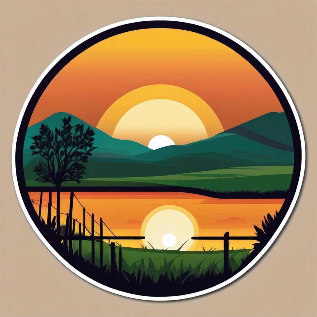 Sunset over farmland sticker- Rural tranquility, , sticker vector art, minimalist design