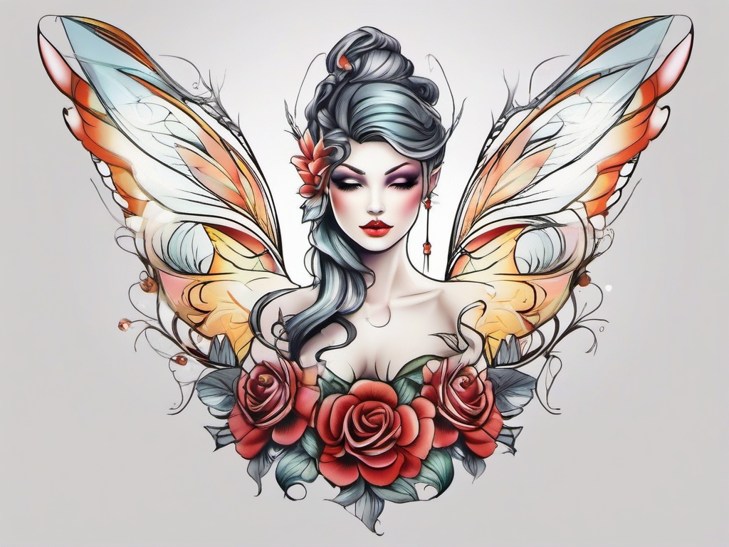 fairy flash art  simple color tattoo style,white background