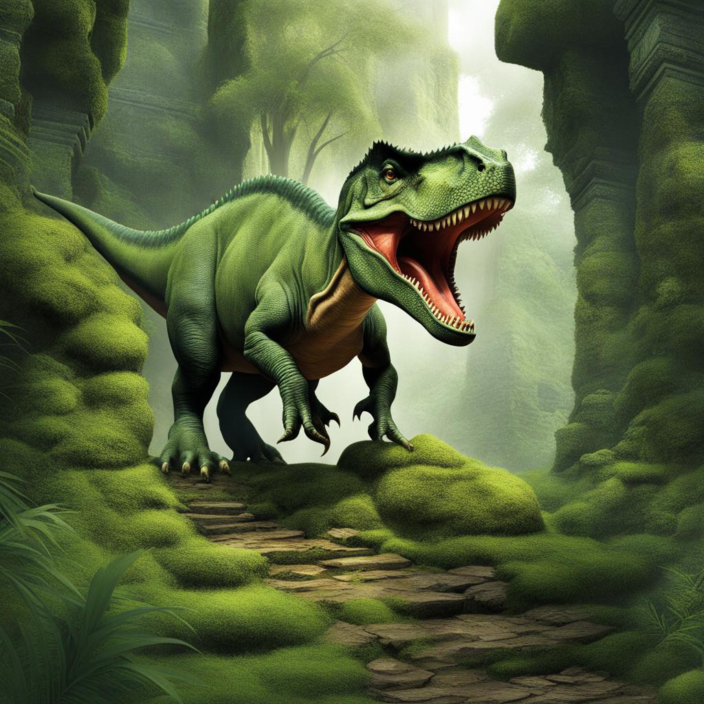 dino clipart,stomping through ancient, mossy ruins 