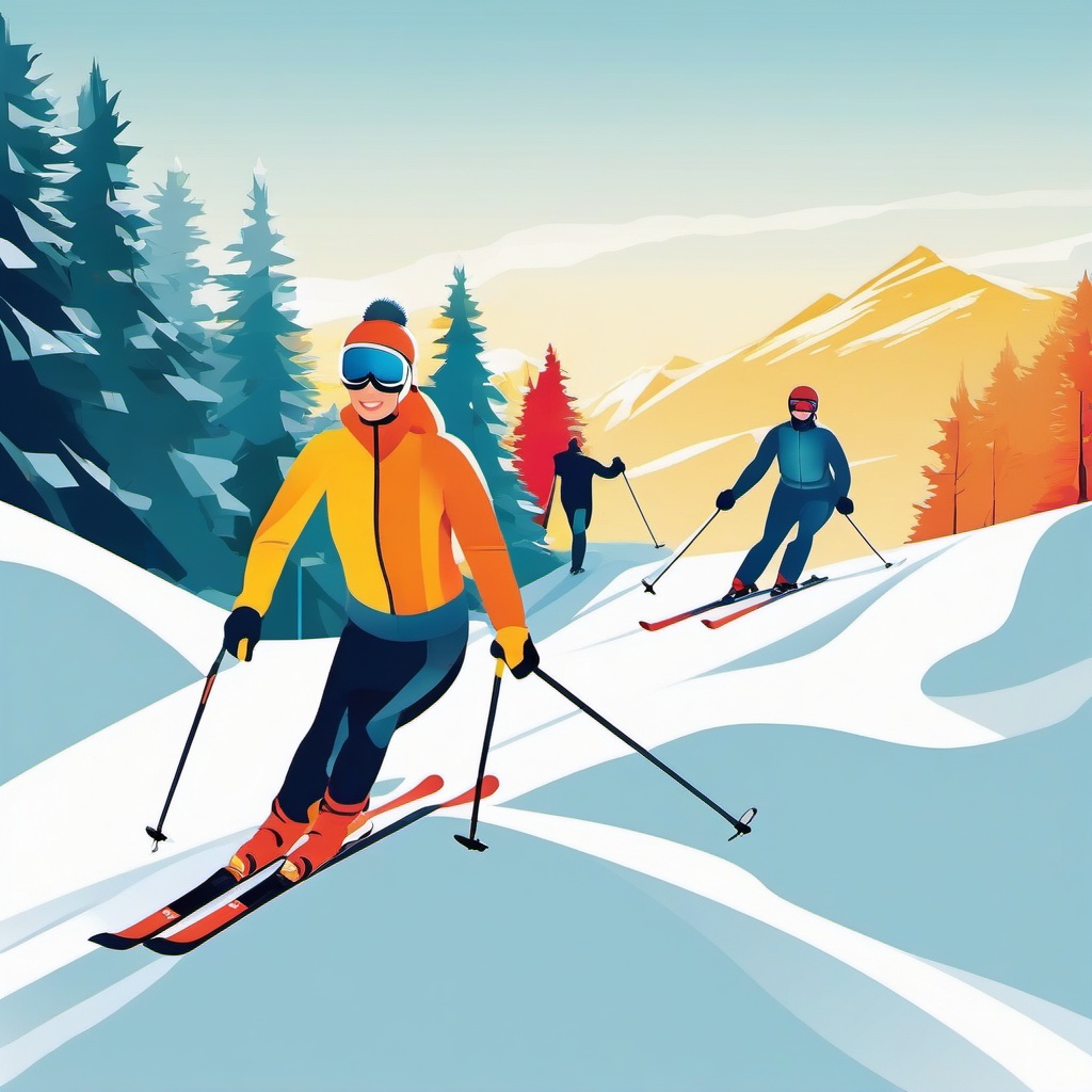 Snow Skiing on a Bright Sunny Day Clipart - Skiers enjoying the slopes on a bright sunny day.  color vector clipart, minimal style