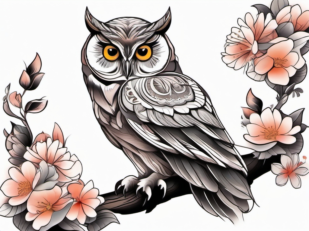 Owl tattoo on a branch surrounded by blooming flowers.  color tattoo style, minimalist design, white background