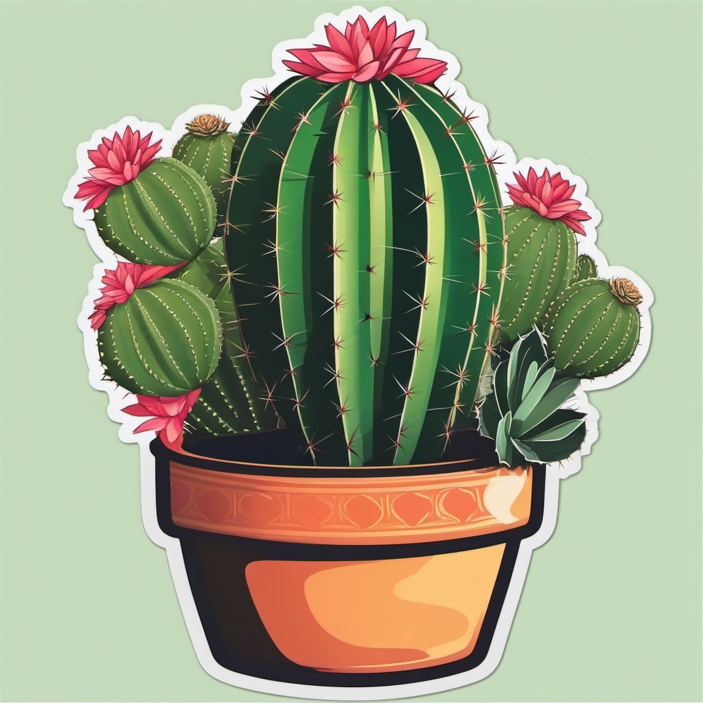 Cactus in Pot Sticker - Single cactus in a decorative pot, ,vector color sticker art,minimal