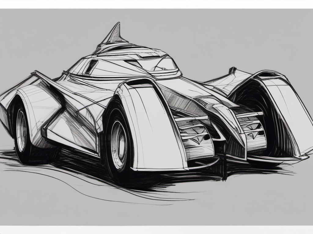 drawing of Batman driving the Batmobile  minimal rough sketch scribbles,doodles,black and white