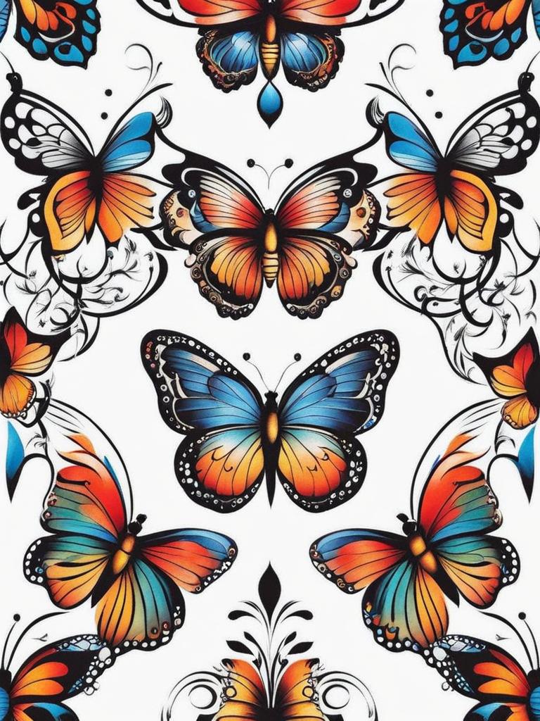 Butterfly pattern tattoo,Unique tattoo patterns featuring butterflies. , color tattoo design, white background