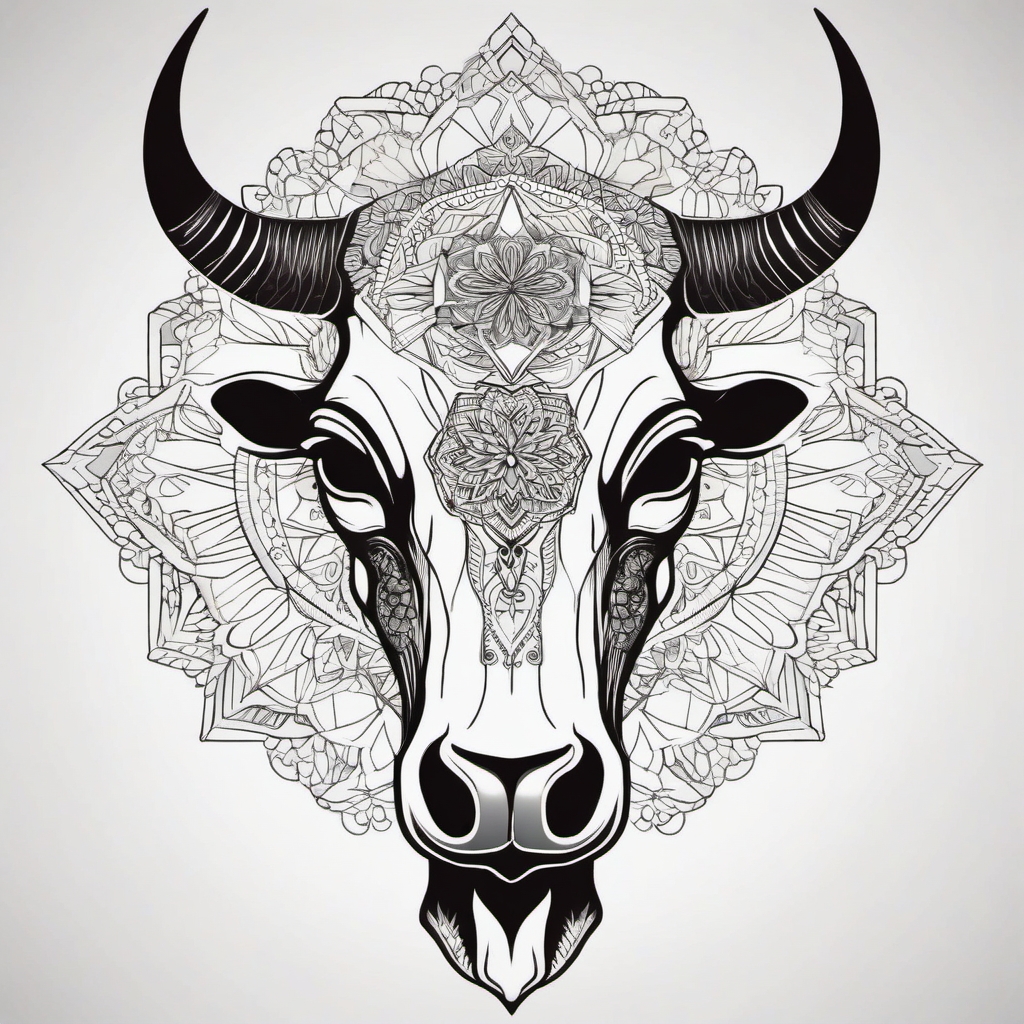 Cow skull with geometric mandala ink: Harmonious blend of shapes and symbols.  simple color tattoo style