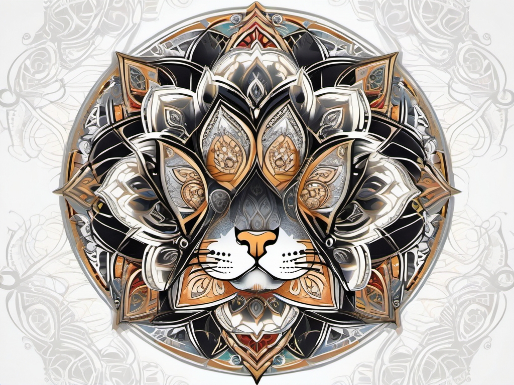 Cat paw with intricate mandala patterns: Fusion of sacred geometry and feline charm.  color tattoo style, white background