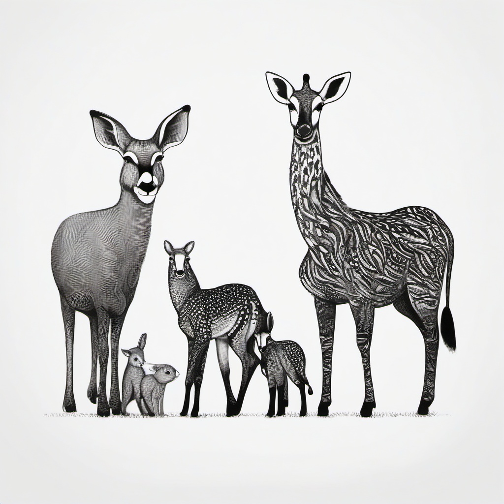 drawing of an animal family  minimal rough sketch scribbles,doodles,black and white