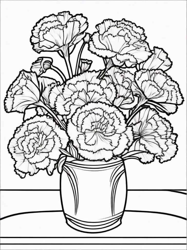 Carnation coloring page sheet - A bouquet of carnations arranged in a vase on a table.  black outline printable coloring page