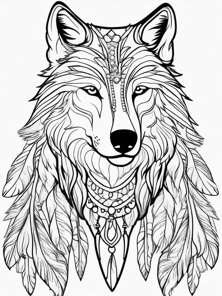 Wolf with Feather Coloring Pages - Wolf Adorned with Feathers  minimal black outline printable sheet, coloring page