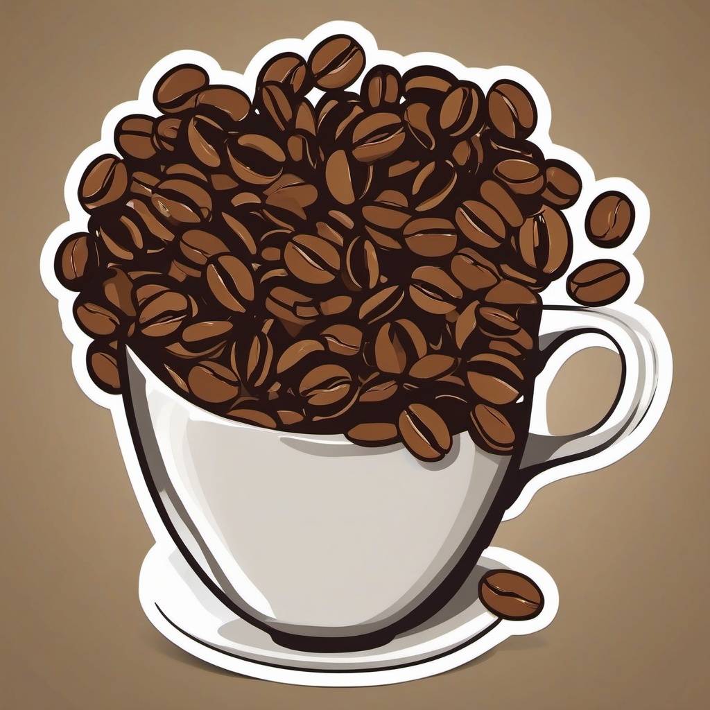 Coffee Cup with Beans Sticker - Coffee cup surrounded by scattered coffee beans, ,vector color sticker art,minimal