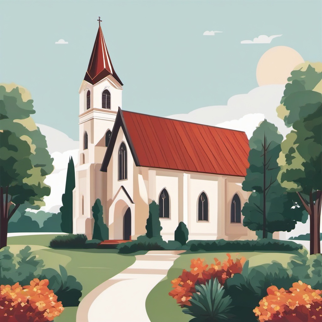 Church clipart - church with beautiful landscaping  color,minimalist,vector clipart