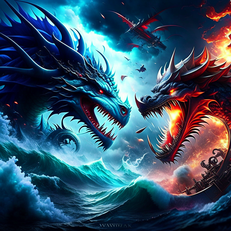 dragon vs kraken - epic battle beneath the stormy waves of a raging sea, unleashing torrents of water and fire. 