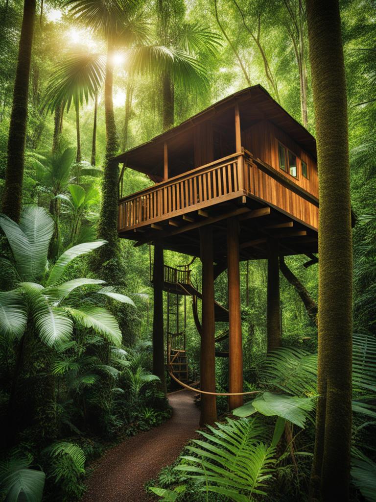 live among the treetops in a treehouse village nestled in a lush rainforest at rainforest canopy village. 