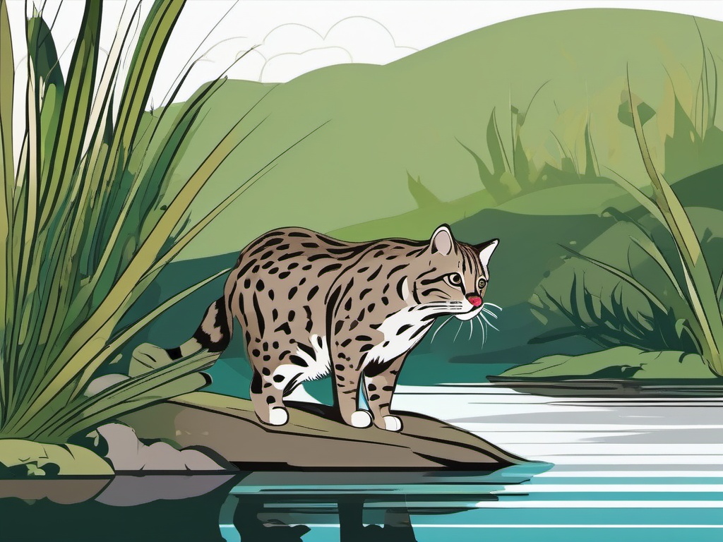 Fishing Cat Clip Art - Fishing cat hunting by the water,  color vector clipart, minimal style