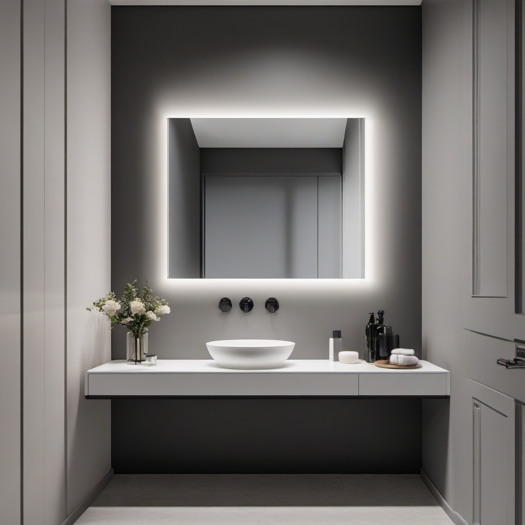 Minimalist Powder Room - Minimalism to your powder room with a floating vanity and monochrome palette. realistic, professional photography, bokeh, natural lighting, canon lens, shot on dslr 64 megapixels sharp focus